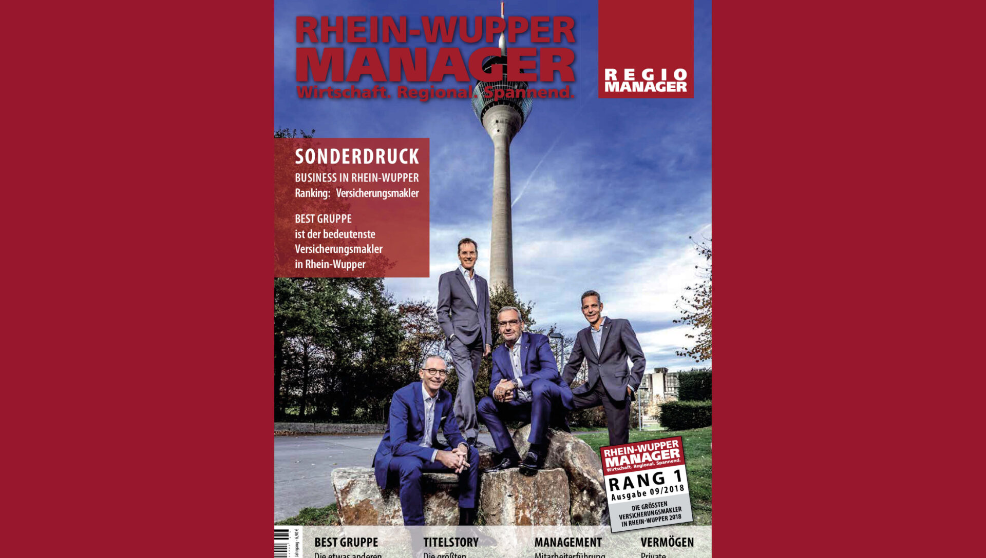 Cover des Rhein-Wupper Manager mit den Geschäftsführern der Best Gruppe mit dem Düsseldorfer Fernsehturm im Hintergrund