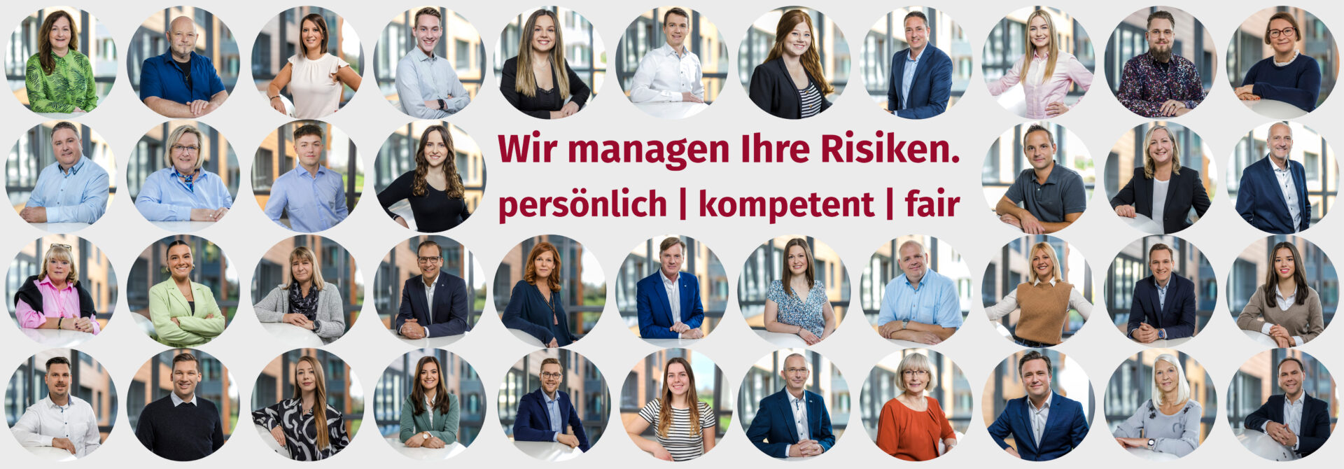 Wir managen ihre Risikien. Persönlich, kompetent, fair. Viele Portraits von Mitarbeiter:innen.
