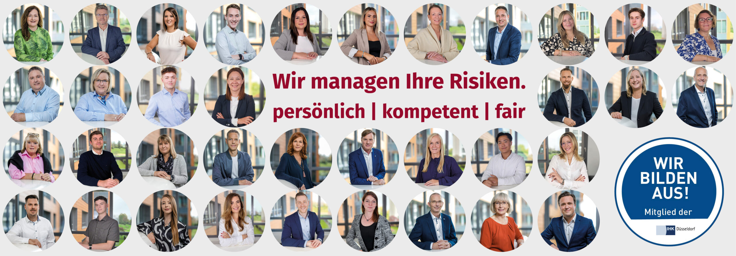 Viele lächelnde Menschenportraits in Kreisen. Text: Wir managen Ihre Risiken persönlich, kompetent und fair.