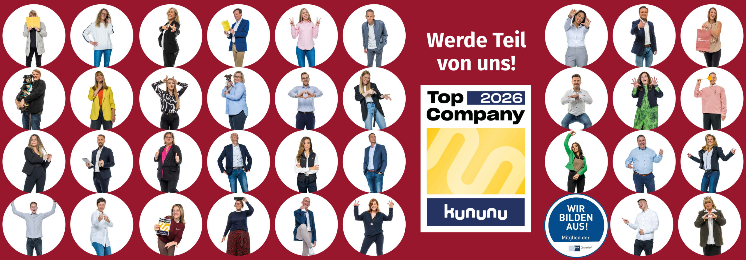 Werde ein Teil von uns! Kununu Top Company 2025. Viele lustige Bilder von Mitarbeiter:innen in Kreisen.