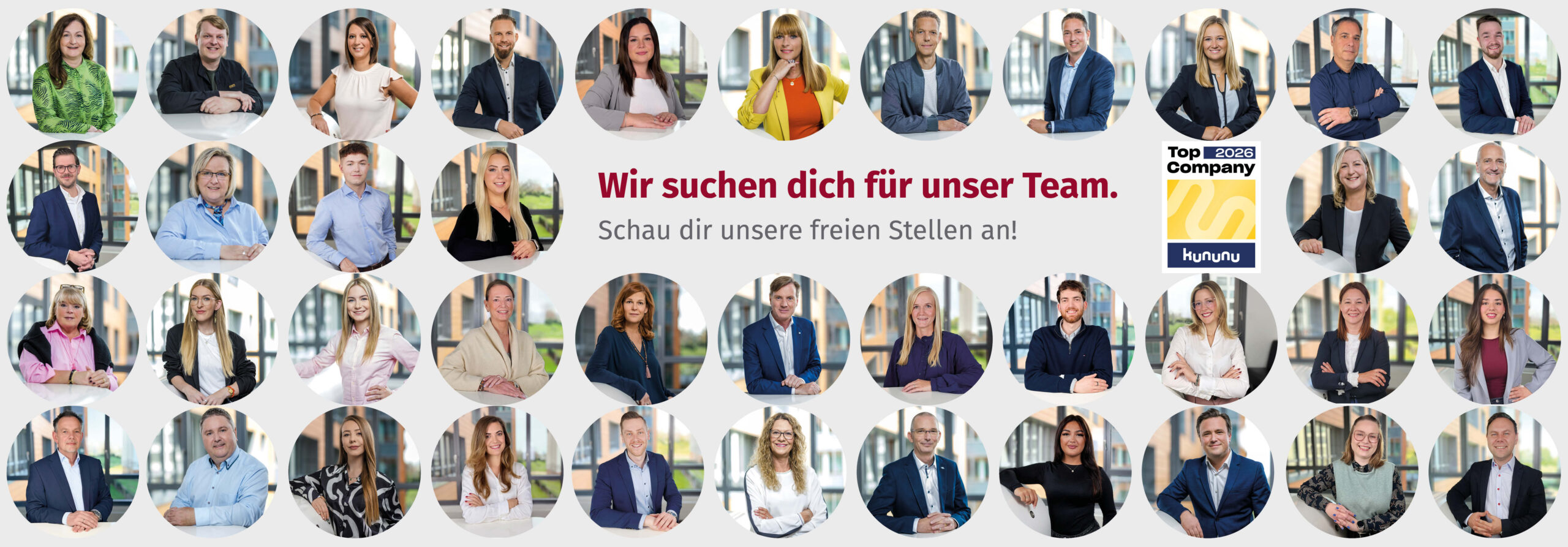 Wir suchen dich für unser Team. Schau dir unsere freien Stellen an! Viele Portraits von lächelnden Mitarbeiter:innen. Kununu Top Company 2026.