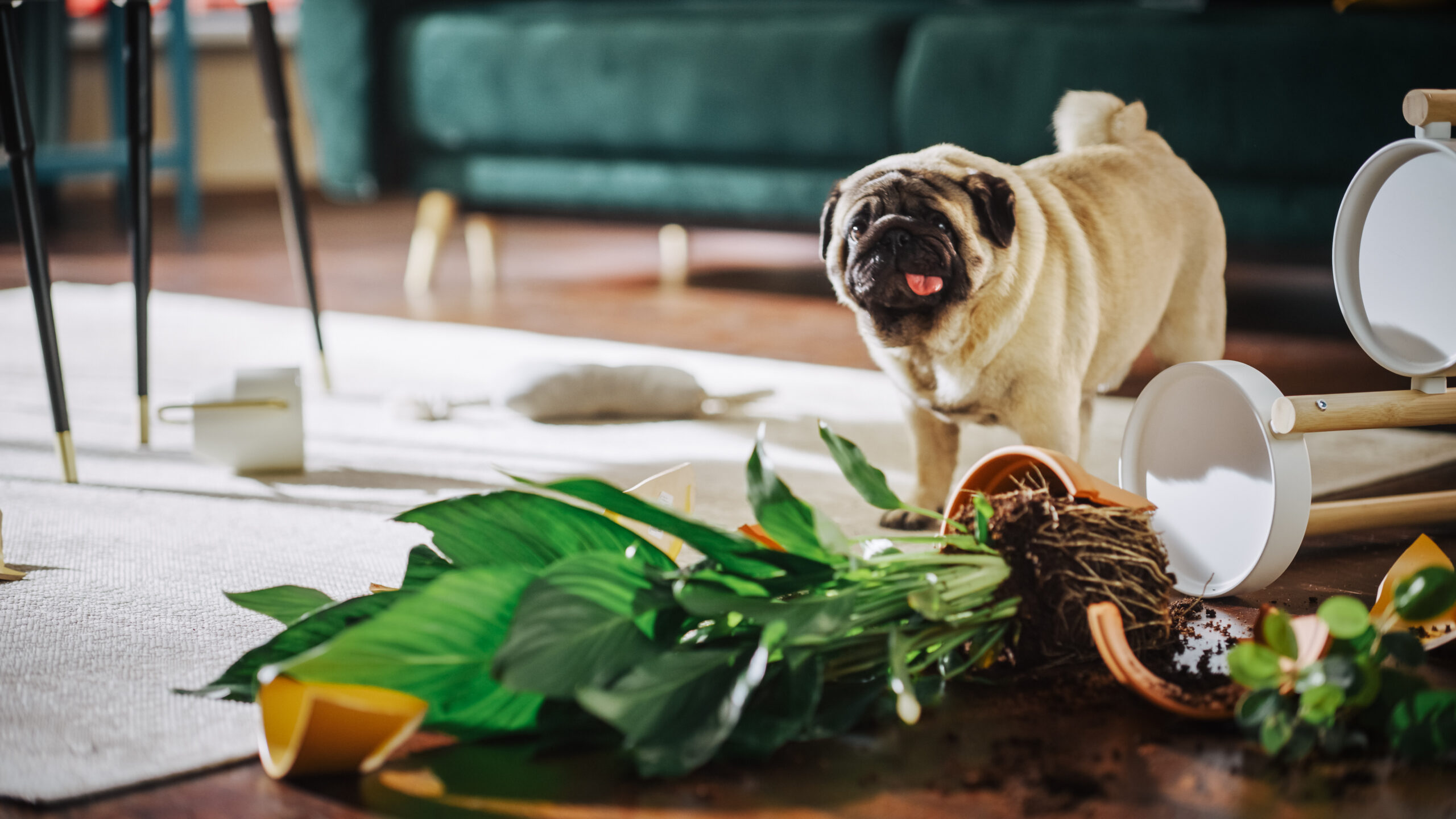 Kleiner Mops-Hund neben umgefallener Pflanze. Der Topf ist kaputt und die Erde hat sich über den Boden verteilt.