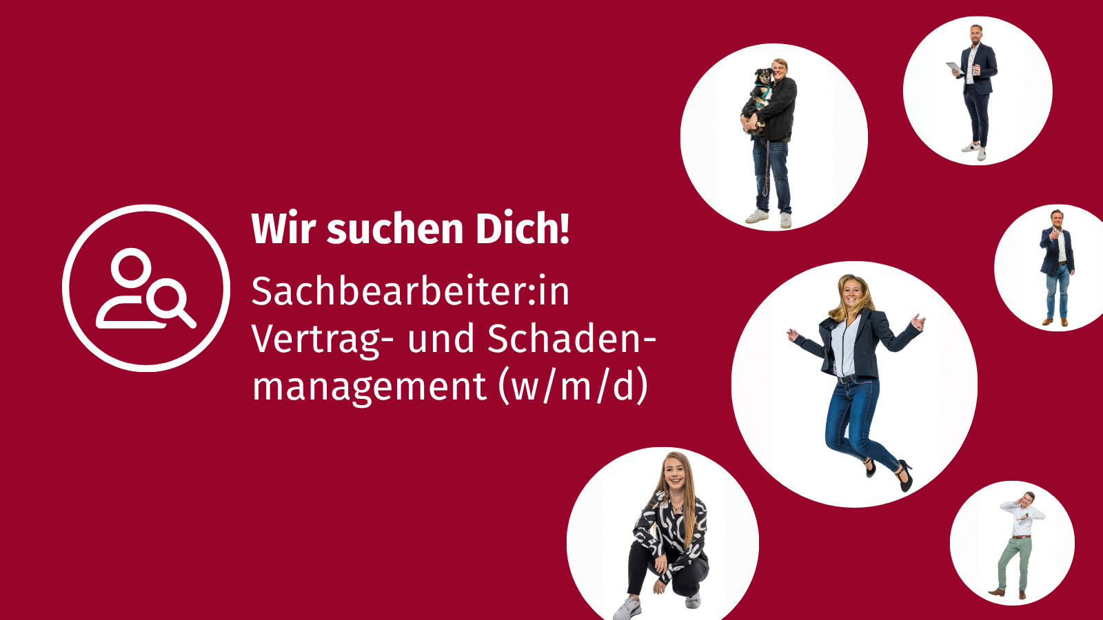 Rotes Werbegrafik-Layout der BESTGRUPPE mit weißem Logo oben links. In großer weißer Schrift steht: „Wir suchen Dich! Sachbearbeiter:in Vertrag- und Schadenmanagement (w/m/d)“. Darunter sind mehrere freigestellte Personen in weißen runden Kreisen verteilt, die in unterschiedlichen Posen dargestellt sind. Sie haben lustige Posen eingenommen und schauen freundlich in die Kamera. Die Gestaltung wirkt modern und aufmerksamkeitsstark, mit klarem Fokus auf die Stellenausschreibung.