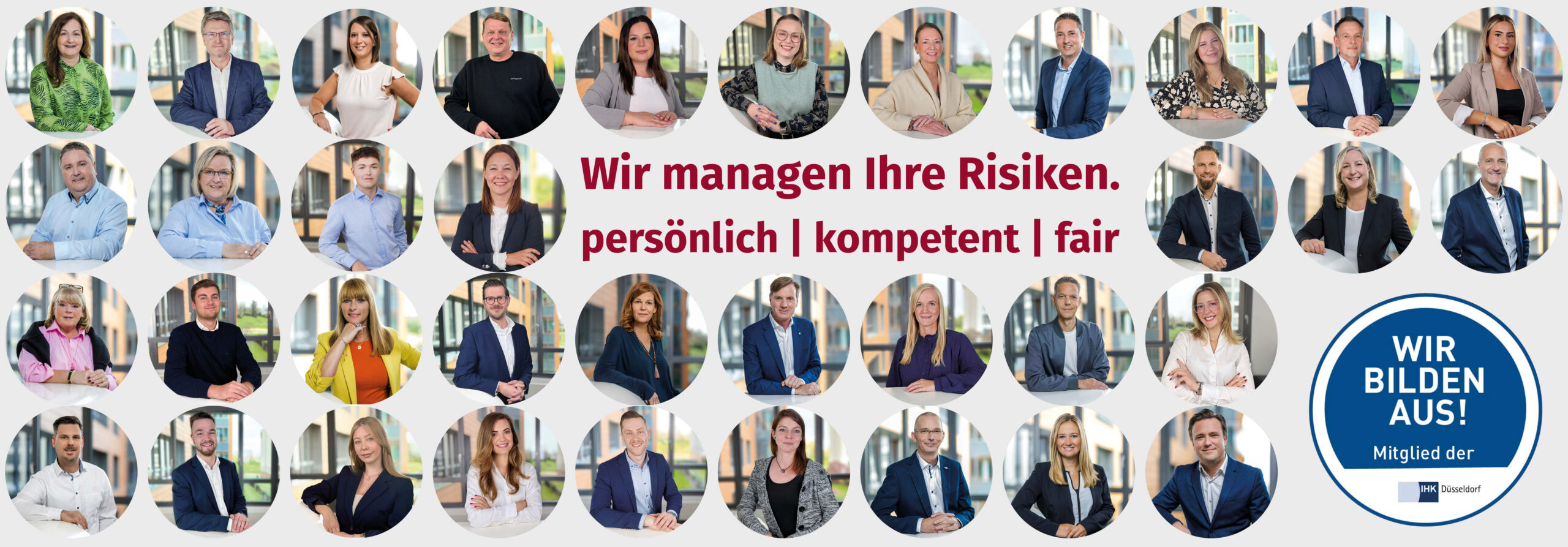 Viele lächelnde Menschenportraits in Kreisen. Text: Wir managen Ihre Risiken persönlich, kompetent und fair.