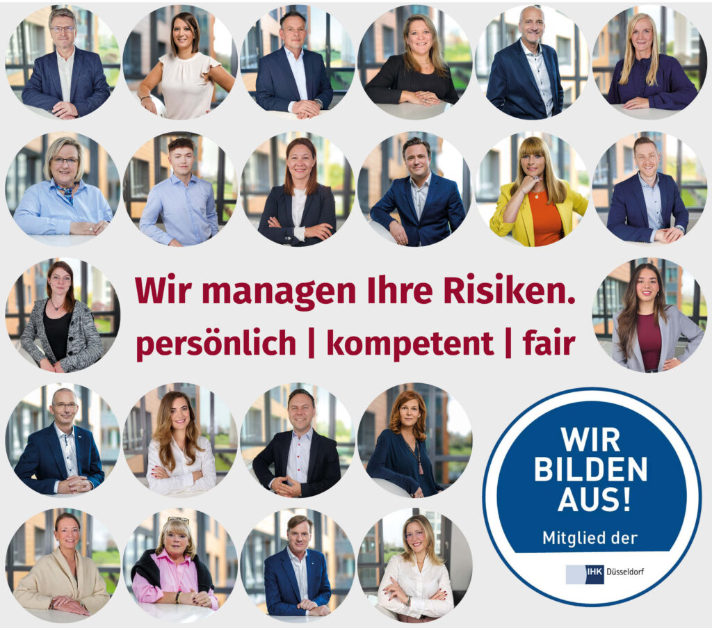 Viele lächelnde Menschenportraits in Kreisen. Text: Wir managen Ihre Risiken persönlich, kompetent und fair.