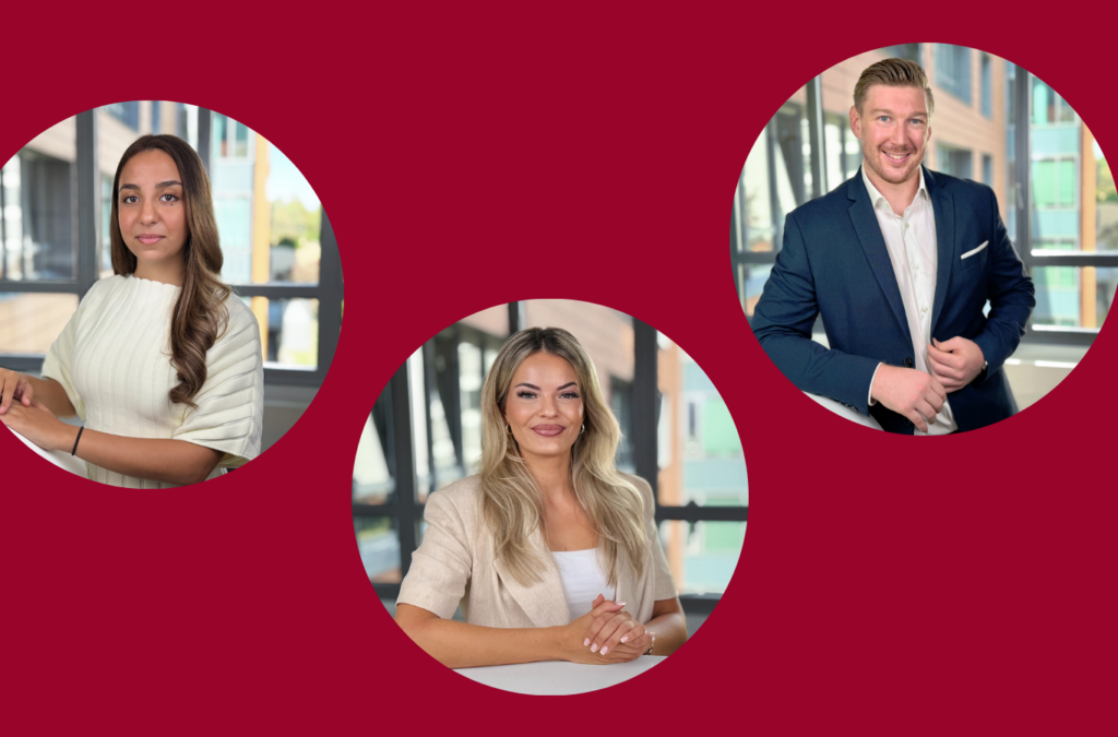 Bannergrafik der BESTGRUPPE mit drei kreisförmigen Porträtfotos von Mitarbeitenden vor einer Büro-Kulisse auf rotem Hintergrund. Die Grafik visualisiert personelles Wachstum und die Begrüßung neuer Teammitglieder.