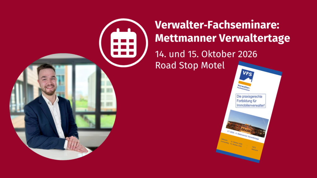 Veranstaltungsankündigung der BESTGRUPPE für die Mettmanner Verwaltertage. Die Grafik nennt die Termine 14. und 15. Oktober 2026 im Road Stop Motel und zeigt ein Business-Porträt, ein Kalendersymbol sowie die Abbildung eines Seminarflyers.