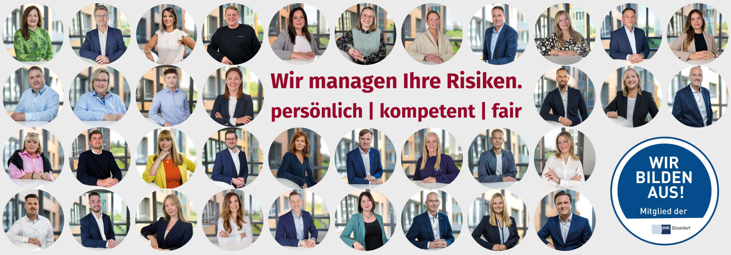Viele lächelnde Menschenportraits in Kreisen. Text: Wir managen Ihre Risiken persönlich, kompetent und fair.