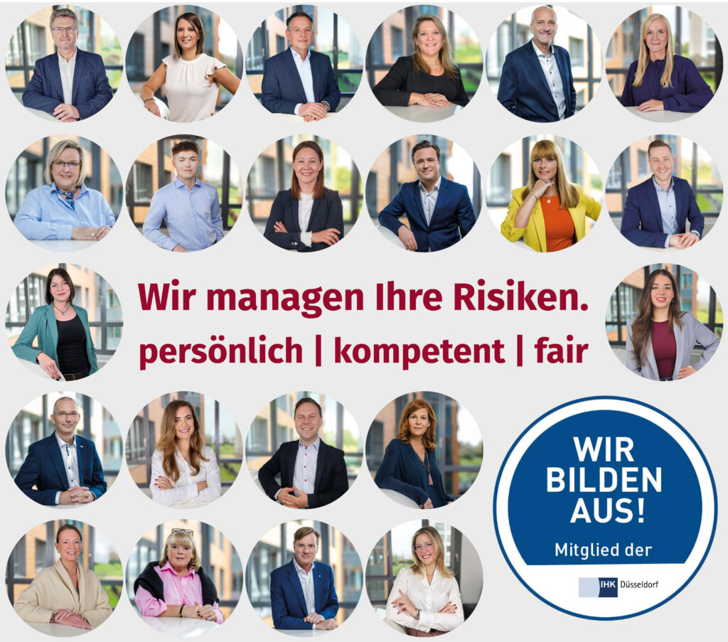 Viele lächelnde Menschenportraits in Kreisen. Text: Wir managen Ihre Risiken persönlich, kompetent und fair.